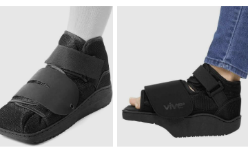 Two industry-style post-operative shoes with adjustable hook-and-loop closures